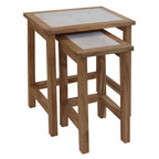 Set of 2 Cream Travertine Top Small Nesting Console Tables with Natural Acacia Wood Frames