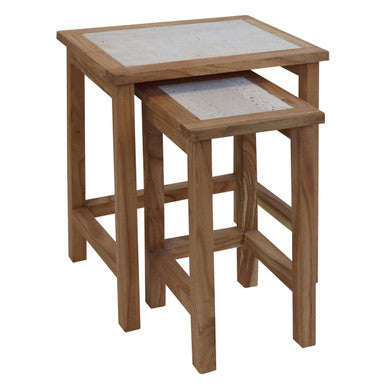 Set of 2 Cream Travertine Top Small Nesting Console Tables with Natural Acacia Wood Frames