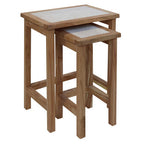 Set of 2 Cream Travertine Top Small Nesting Console Tables with Natural Acacia Wood Frames