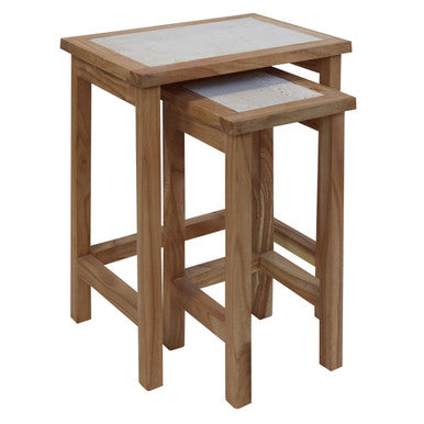 Set of 2 Cream Travertine Top Small Nesting Console Tables with Natural Acacia Wood Frames