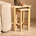 Set of 2 Cream Travertine Top Small Nesting Console Tables with Natural Acacia Wood Frames