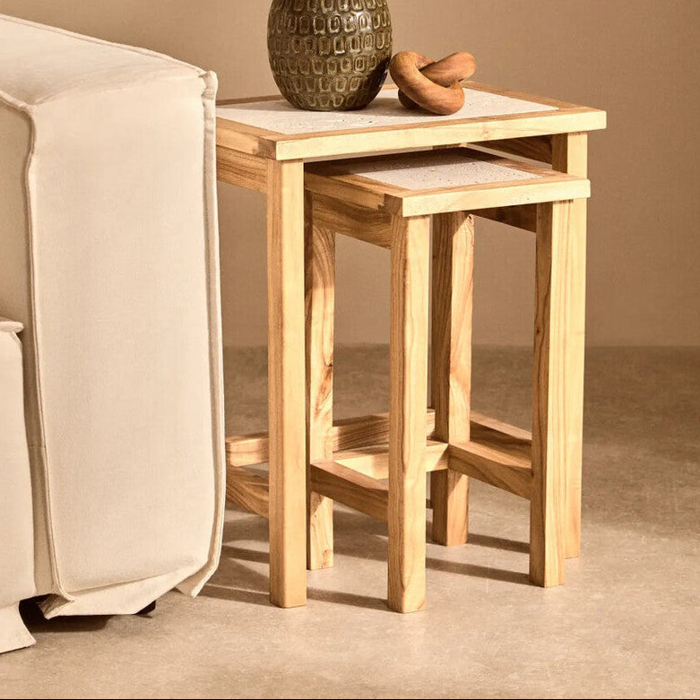 Set of 2 Cream Travertine Top Small Nesting Console Tables with Natural Acacia Wood Frames
