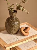 Set of 2 Cream Travertine Top Small Nesting Console Tables with Natural Acacia Wood Frames