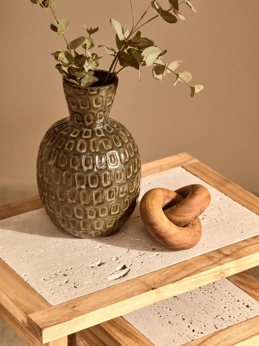 Set of 2 Cream Travertine Top Small Nesting Console Tables with Natural Acacia Wood Frames