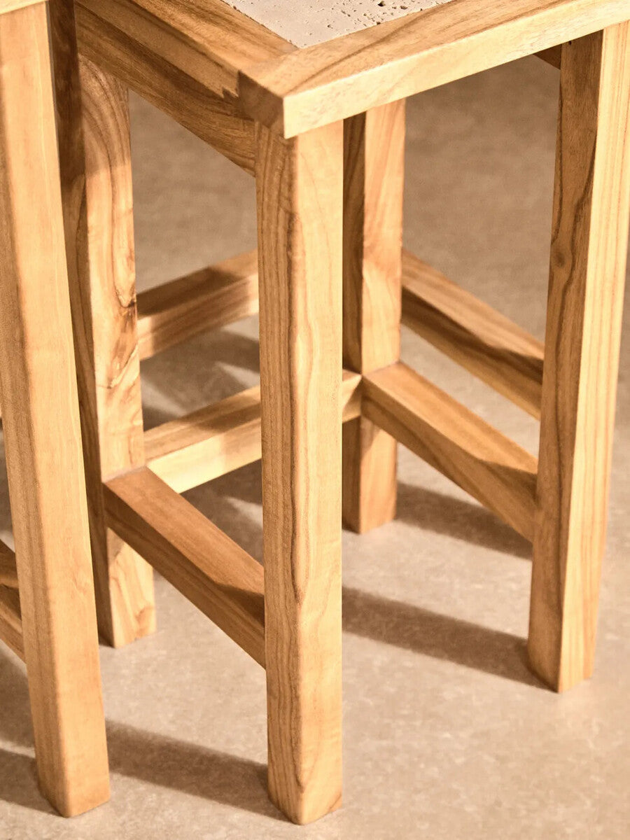 Set of 2 Cream Travertine Top Small Nesting Console Tables with Natural Acacia Wood Frames