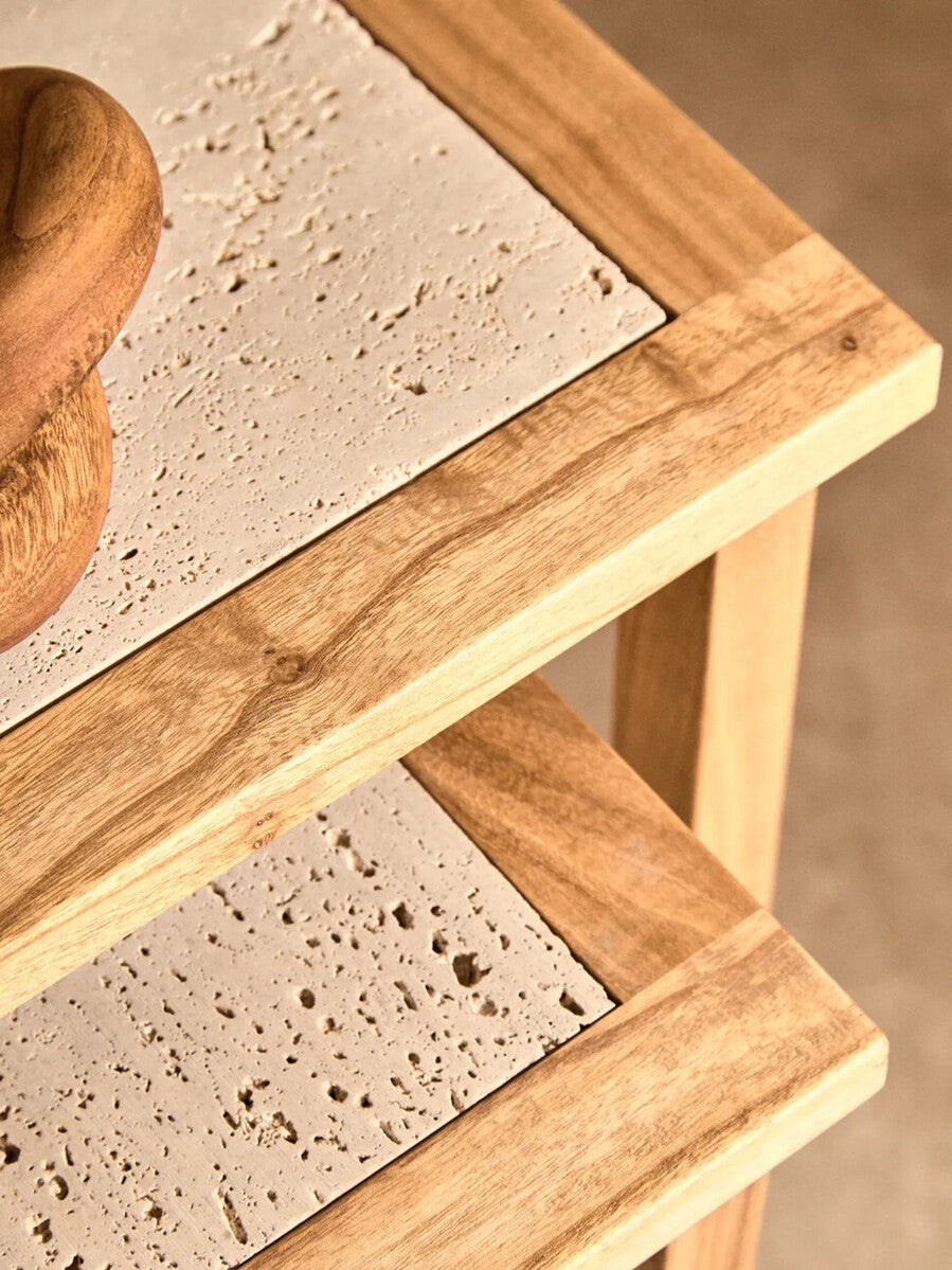 Set of 2 Cream Travertine Top Small Nesting Console Tables with Natural Acacia Wood Frames