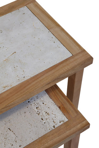 Set of 2 Cream Travertine Top Small Nesting Console Tables with Natural Acacia Wood Frames