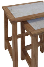 Set of 2 Cream Travertine Top Small Nesting Console Tables with Natural Acacia Wood Frames