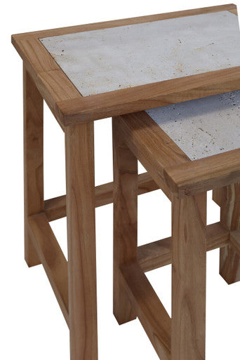 Set of 2 Cream Travertine Top Small Nesting Console Tables with Natural Acacia Wood Frames