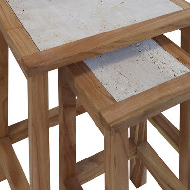 Set of 2 Cream Travertine Top Small Nesting Console Tables with Natural Acacia Wood Frames