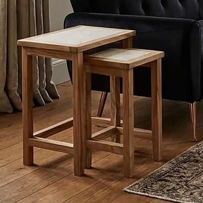 Set of 2 Cream Travertine Top Small Nesting Console Tables with Natural Acacia Wood Frames