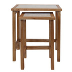Set of 2 Cream Travertine Top Large Nesting Console Tables with Natural Acacia Wood Frames