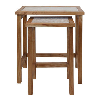 Set of 2 Cream Travertine Top Large Nesting Console Tables with Natural Acacia Wood Frames