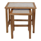 Set of 2 Cream Travertine Top Large Nesting Console Tables with Natural Acacia Wood Frames