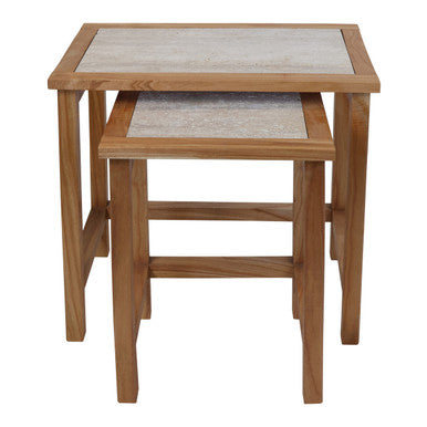 Set of 2 Cream Travertine Top Large Nesting Console Tables with Natural Acacia Wood Frames