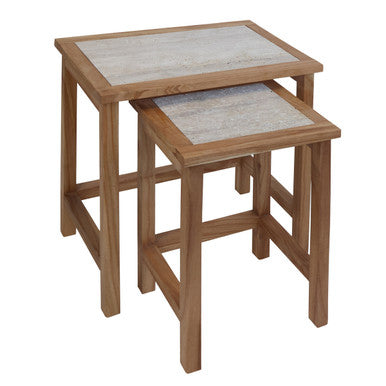 Set of 2 Cream Travertine Top Large Nesting Console Tables with Natural Acacia Wood Frames
