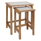 Set of 2 Cream Travertine Top Large Nesting Console Tables with Natural Acacia Wood Frames