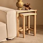 Set of 2 Cream Travertine Top Large Nesting Console Tables with Natural Acacia Wood Frames