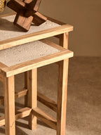 Set of 2 Cream Travertine Top Large Nesting Console Tables with Natural Acacia Wood Frames
