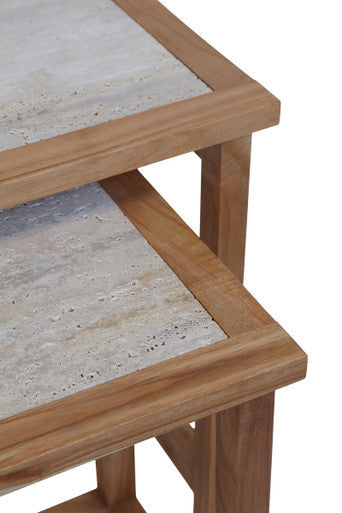 Set of 2 Cream Travertine Top Large Nesting Console Tables with Natural Acacia Wood Frames