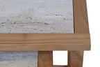 Set of 2 Cream Travertine Top Large Nesting Console Tables with Natural Acacia Wood Frames