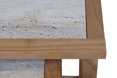 Set of 2 Cream Travertine Top Large Nesting Console Tables with Natural Acacia Wood Frames
