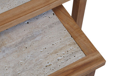 Set of 2 Cream Travertine Top Large Nesting Console Tables with Natural Acacia Wood Frames
