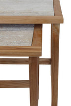 Set of 2 Cream Travertine Top Large Nesting Console Tables with Natural Acacia Wood Frames