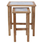 Set of 2 Small White Marble Top Nesting Side Tables with Natural Wood Frames