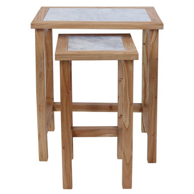 Set of 2 Small White Marble Top Nesting Side Tables with Natural Wood Frames