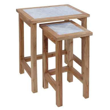 Set of 2 Small White Marble Top Nesting Side Tables with Natural Wood Frames