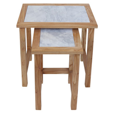 Set of 2 Small White Marble Top Nesting Side Tables with Natural Wood Frames