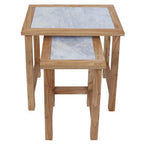 Set of 2 Small White Marble Top Nesting Side Tables with Natural Wood Frames