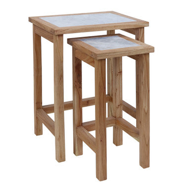 Set of 2 Small White Marble Top Nesting Side Tables with Natural Wood Frames