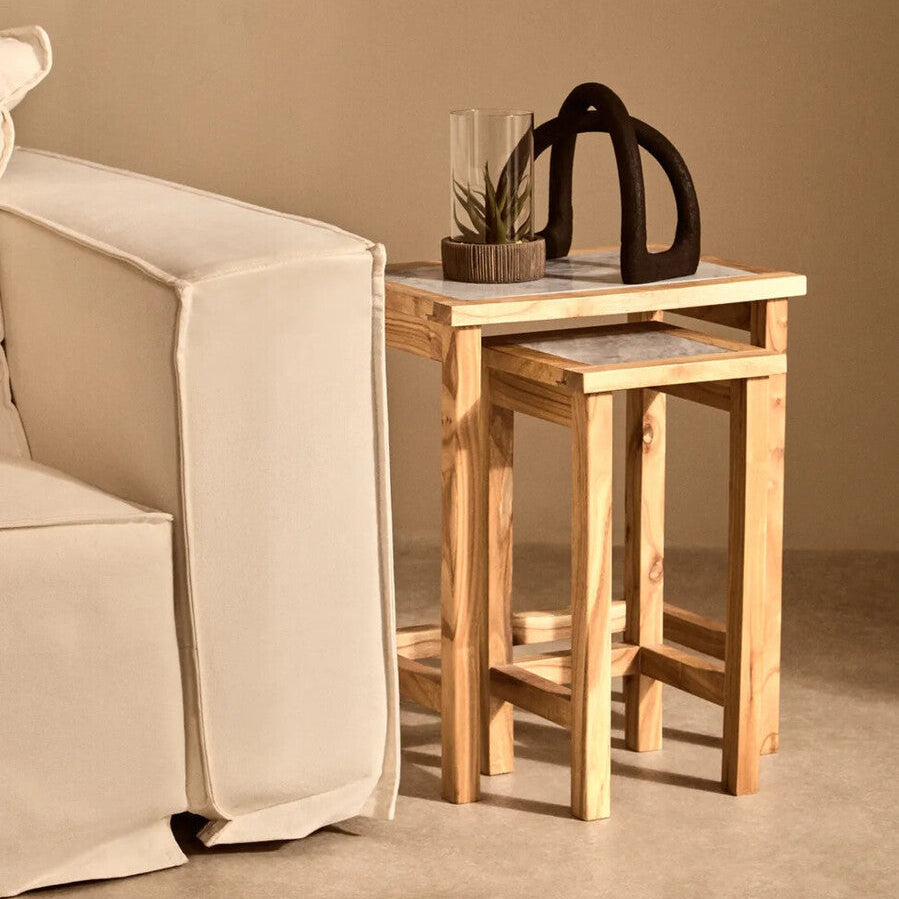 Set of 2 Small White Marble Top Nesting Side Tables with Natural Wood Frames