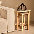 Set of 2 Small White Marble Top Nesting Side Tables with Natural Wood Frames