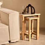Set of 2 Small White Marble Top Nesting Side Tables with Natural Wood Frames