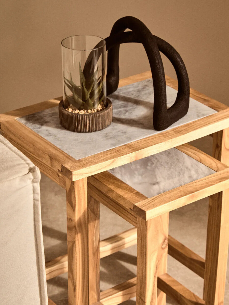 Set of 2 Small White Marble Top Nesting Side Tables with Natural Wood Frames