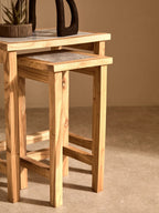 Set of 2 Small White Marble Top Nesting Side Tables with Natural Wood Frames