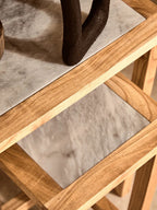 Set of 2 Small White Marble Top Nesting Side Tables with Natural Wood Frames