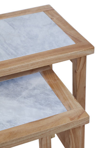 Set of 2 Small White Marble Top Nesting Side Tables with Natural Wood Frames