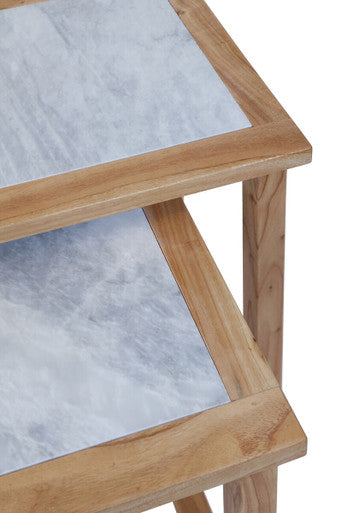 Set of 2 Small White Marble Top Nesting Side Tables with Natural Wood Frames