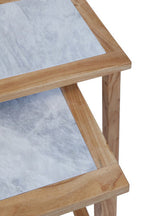 Set of 2 Small White Marble Top Nesting Side Tables with Natural Wood Frames
