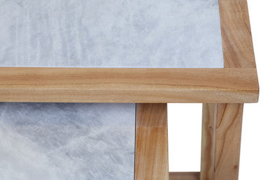 Set of 2 Small White Marble Top Nesting Side Tables with Natural Wood Frames