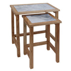 Set of 2 Large White Marble Top Nesting Side Tables with Natural Wood Frames