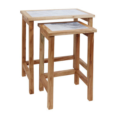 Set of 2 Large White Marble Top Nesting Side Tables with Natural Wood Frames
