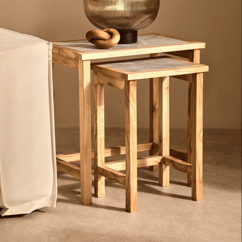 Set of 2 Large White Marble Top Nesting Side Tables with Natural Wood Frames