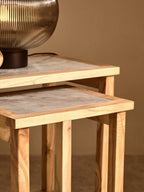 Set of 2 Large White Marble Top Nesting Side Tables with Natural Wood Frames