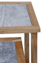 Set of 2 Large White Marble Top Nesting Side Tables with Natural Wood Frames