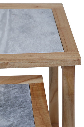 Set of 2 Large White Marble Top Nesting Side Tables with Natural Wood Frames